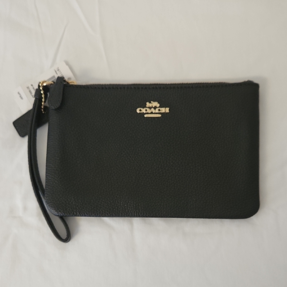 Coach Black Leather Wristlet with Gold Details